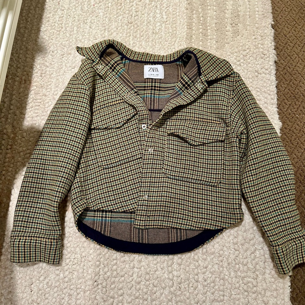 Zara girls houndstooth plaid cropped over shirt